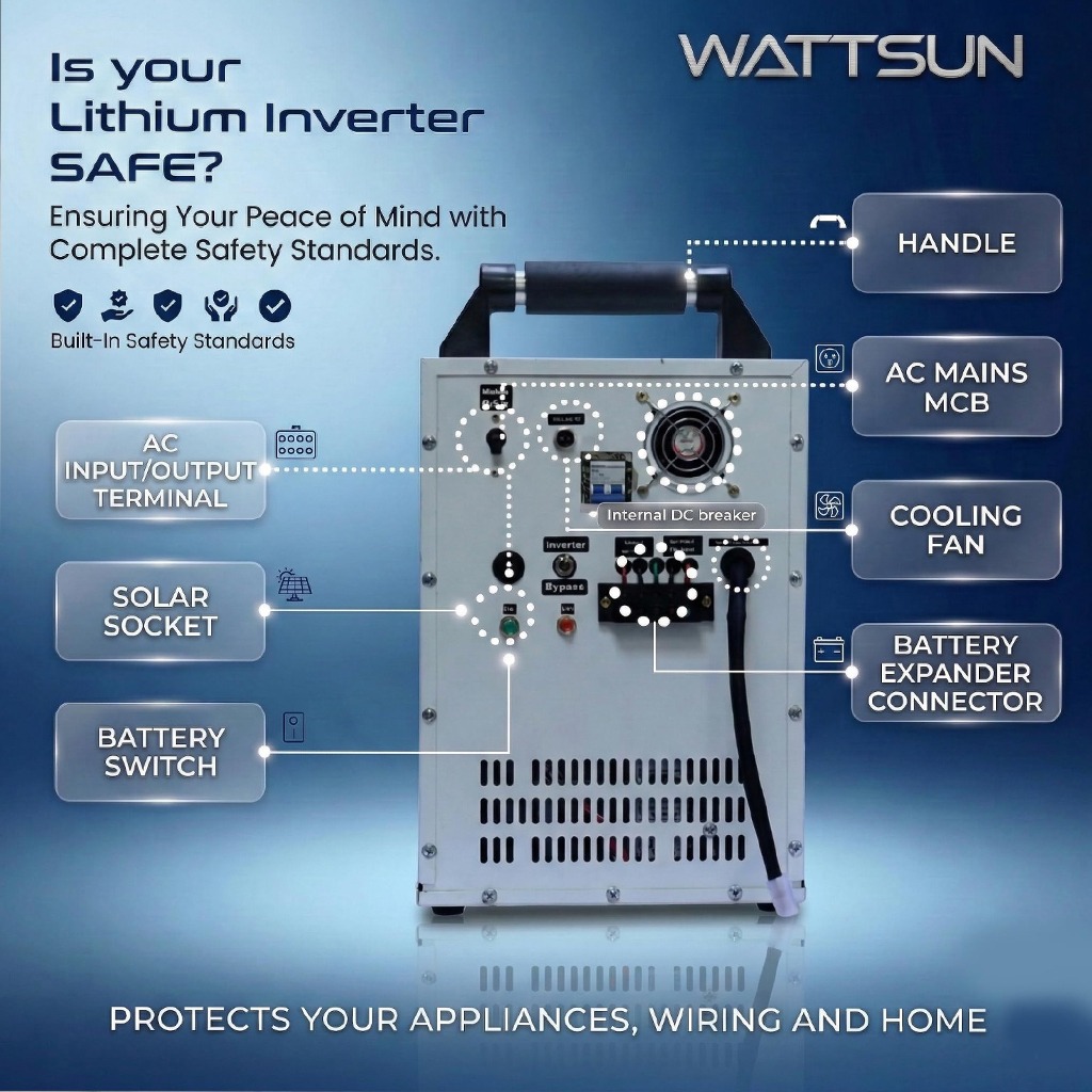 Wattsun Inverter 2KVA with Upto 15 Year Life | Integrated 2300Wh Lithium-Ion Battery | Pure Sine Wave Inverter | IP32 Water Protection | LCD Display | Compact & Portable Design | 5 Years Warranty